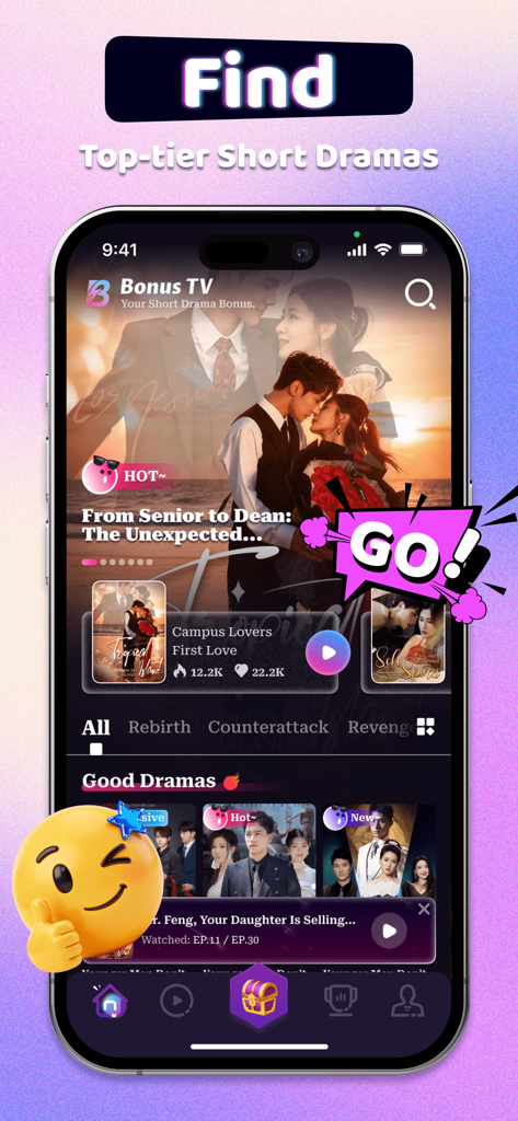BonusTV - BonusTV mobile app home screen showing various short drama series and genres