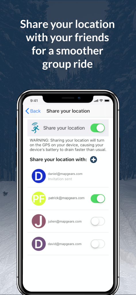 Ride PA - Smartphone displaying the location sharing settings in the Ride PA snowmobiling app