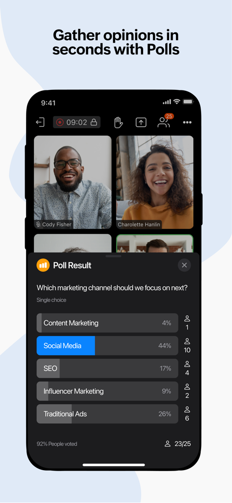 Zoho Meeting - Online Meetings - Zoho Meeting mobile app showing real-time poll results during a video conference.