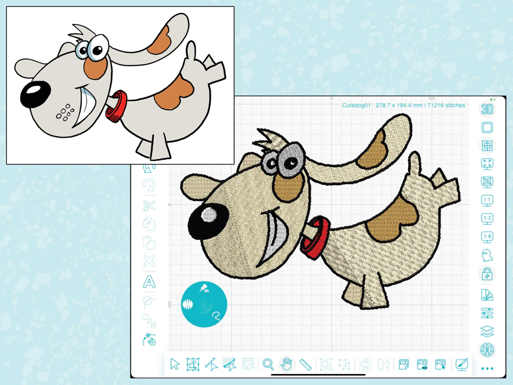 Embroidery Design Doodler - A cartoon dog being converted into an embroidery design on the Embroidery Design Doodler iPad app
