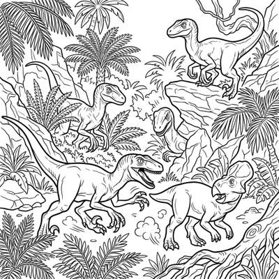 Step back in time to an ancient jungle where Velociraptors reign supreme in this thrilling coloring page designed for teens. Capture the intensity of a prehistoric hunt as you bring these dynamic dinosaurs to life with your favorite colors.