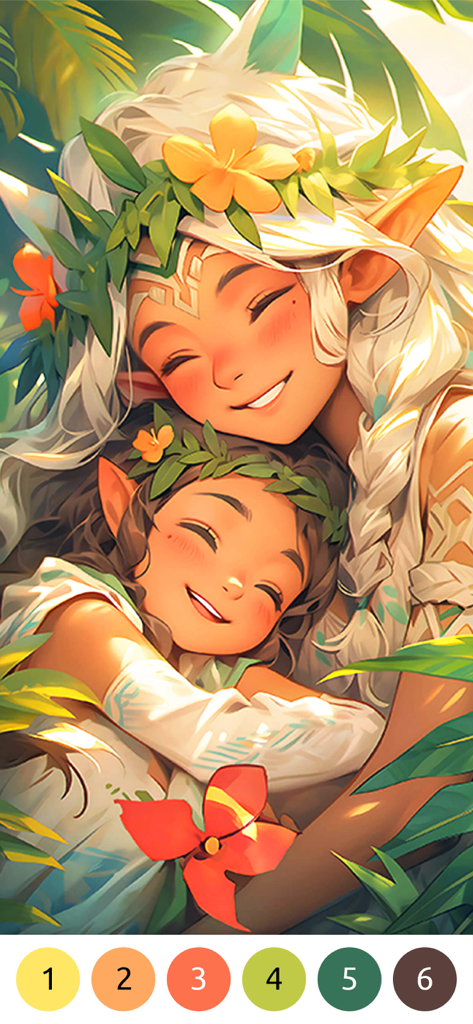 Ilustración de anime de dos elfos abrazándose en una aplicación de colorear digital