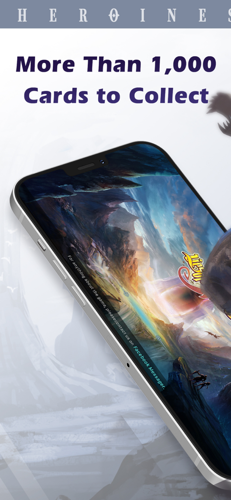 A smartphone displaying a fantasy landscape from the game Lies of Astaroth with text highlighting more than 1000 cards to collect