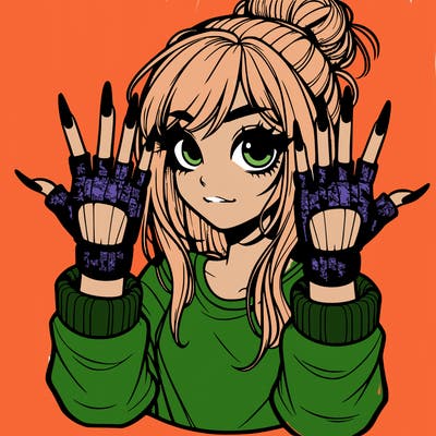 girl with fingerless gloves putting up the metal sign the girl has long nails and a messy bun