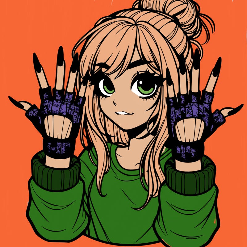 girl with fingerless gloves putting up the metal sign the girl has long nails and a messy bun