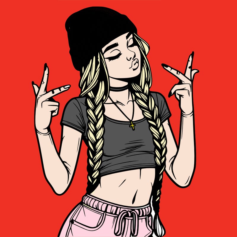 realistic teenage girl with braids and a beanie and crop top doing 🫶🏼