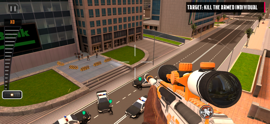 First person view of an orange sniper rifle aiming at a city street mission in Ghost Shooting 3d fps game