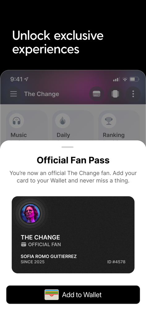 sesh: Fan Communities - Un Pase de Fan Oficial en la app sesh con un botón para añadirlo a una billetera digital