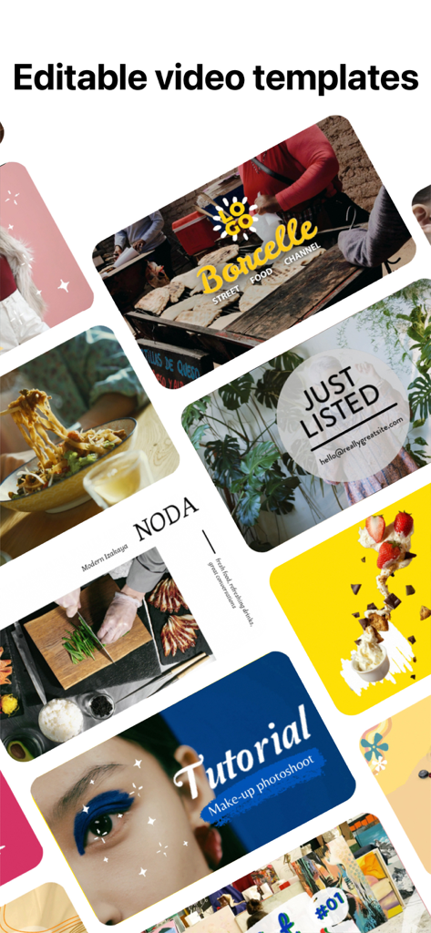 A collage showing diverse editable video templates for social media content like food vlogs and makeup tutorials.