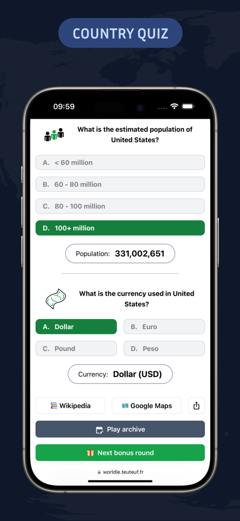 Worldle - Guess The Country! - Geography bonus round in the Worldle app featuring trivia about United States population and currency