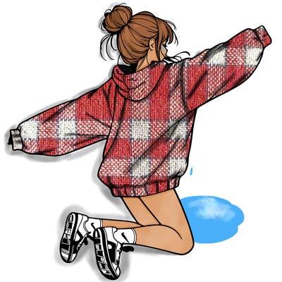 realistic girl jumping with a bun and oversized sweatshirt