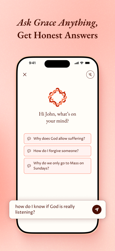 A screenshot of the Grace Catholic Companion app displaying an AI chat interface with spiritual questions and faith-based guidance.