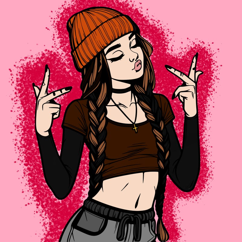realistic teenage girl with braids and a beanie and crop top doing 🫶🏼