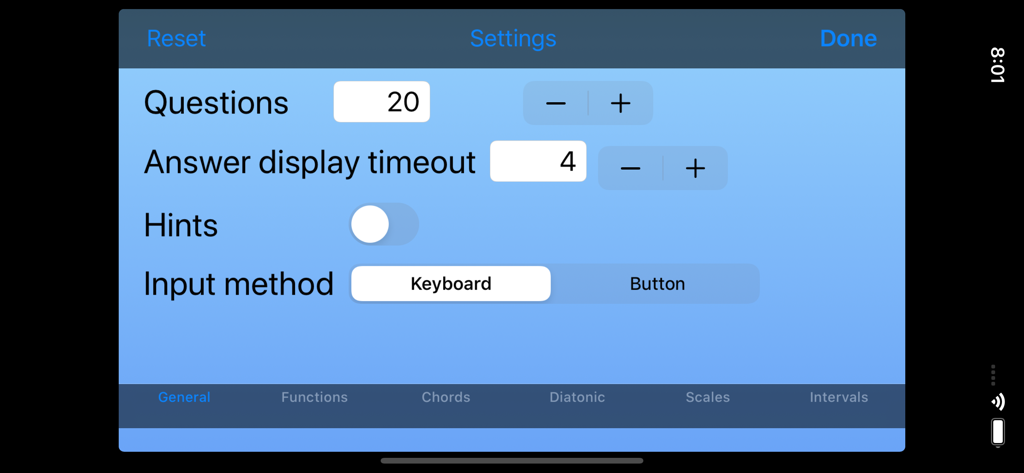 La pantalla general de configuración de la aplicación Cuestionario de Teoría de Jazz mostrando opciones para el número de preguntas, la duración del tiempo, la activación de pistas y la selección del método de entrada.