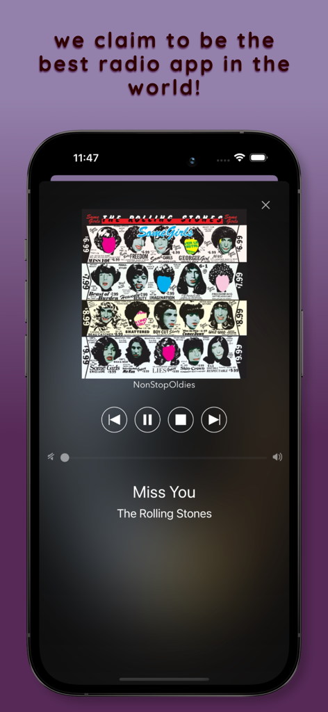 Yagia Radio: Live FM AM Tuner - iPhone上のYagia Radioアプリのインターフェース。再生コントロール付きのライブ音楽局が再生されています。
