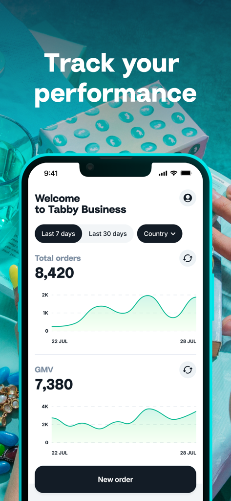 Tabby Business - Tabby Business app dashboard showing sales performance metrics including total orders and GMV analytics