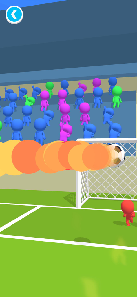 Soccer Runner ! - A soccer ball being shot into a goal with a colorful trail in a mobile game