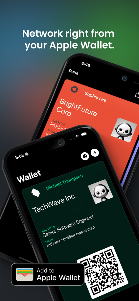 SoCard: Digital Business Card - Dos iPhones mostrando tarjetas de presentación digitales profesionales guardadas en Apple Wallet