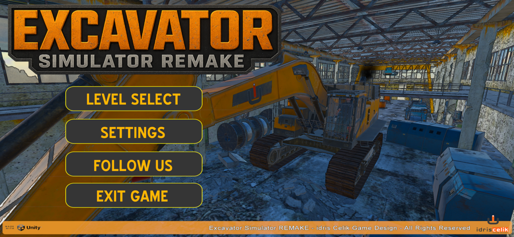 Main menu screen for Excavator Simulator REMAKE featuring a yellow excavator in an industrial warehouse