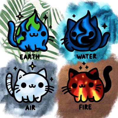 4 cats that represent the different elements, earth, water, air, and fire