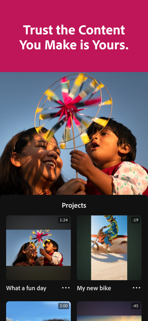 Interfaz de la aplicación móvil Adobe Premiere mostrando una lista de proyectos de vídeo bajo un titular sobre la propiedad del contenido.