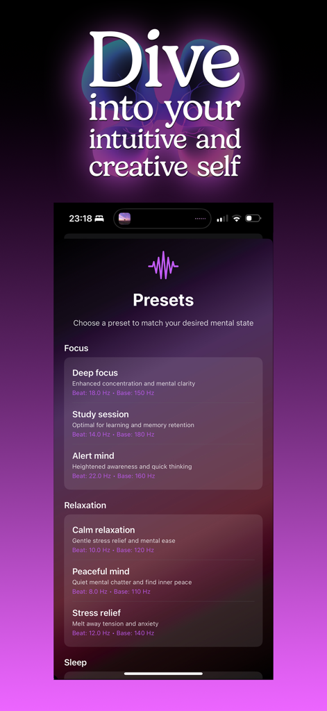 BrainSync - BrainSync app screen displaying mental state presets for focus and relaxation