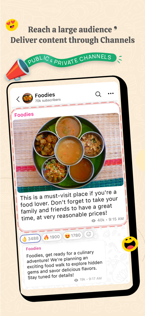 Arattai Messenger - Arattai Messenger app interface showing public and private channels with a food community example.