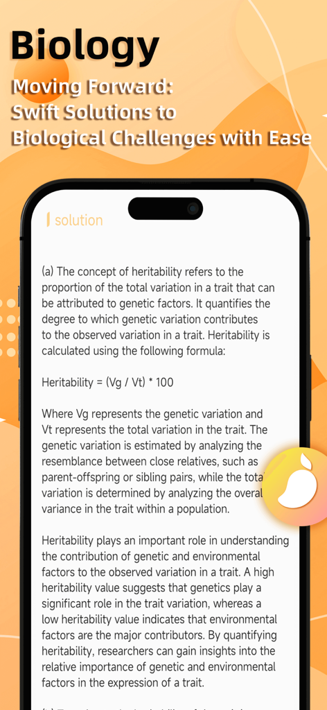 Mango.AI - Mango.AIアプリのインターフェース。遺伝性に関する詳細な生物学のソリューションと数式を表示している様子。