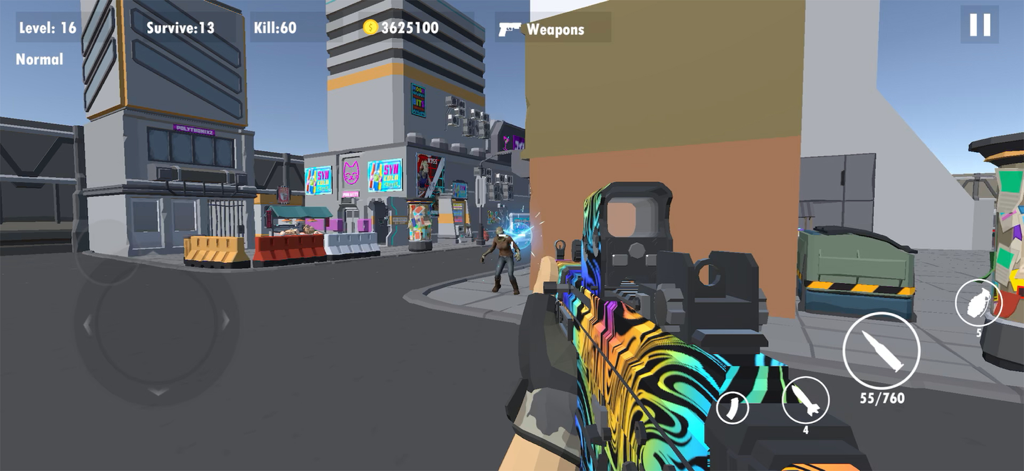 Survival: Offline Zombie War - First person shooter view of a player aiming a colorful rifle at a zombie in a city