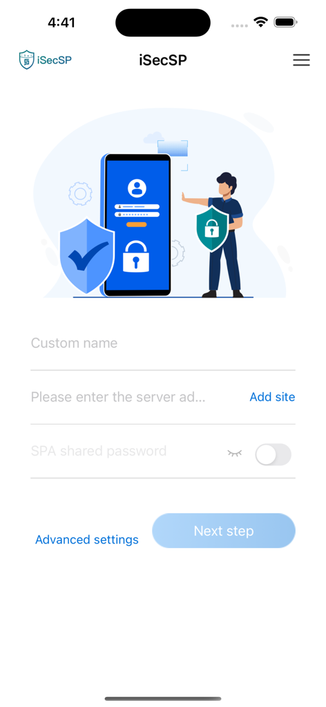 iSecSP - Setup screen of the iSecSP app showing fields for server address and shared password for SSL VPN connection.