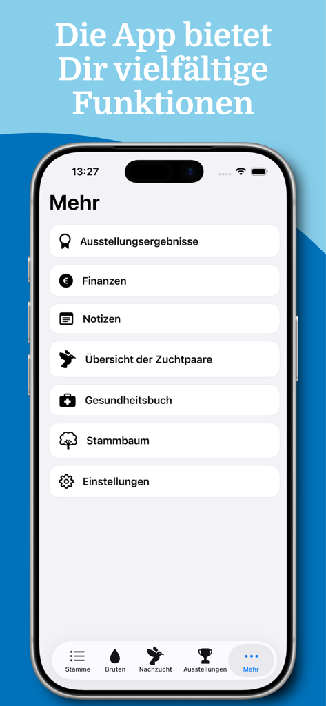 Pigeon Manager - Screenshot of the Pigeon Manager app menu showing breeding management features including finances, notes, breeding pairs, health records, and pedigrees.
