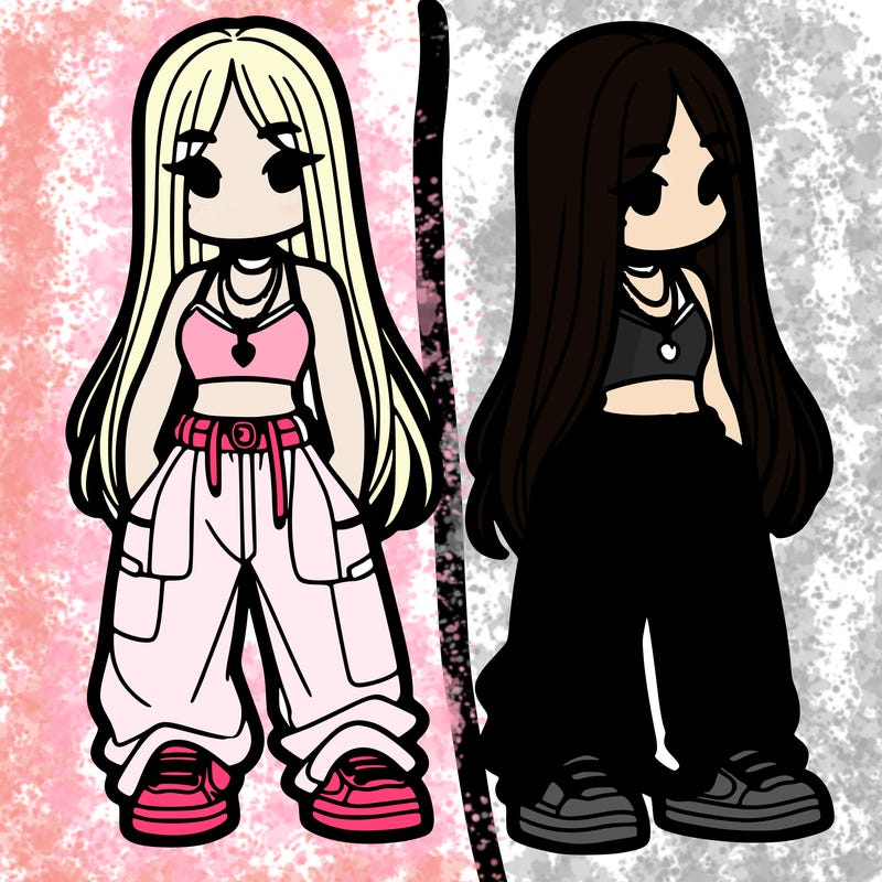 girl in baggy pants crop top and long hair