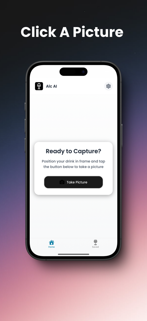 Alc AI - A smartphone showing the Alc AI app interface with a button to take a picture of a drink bottle for identification.