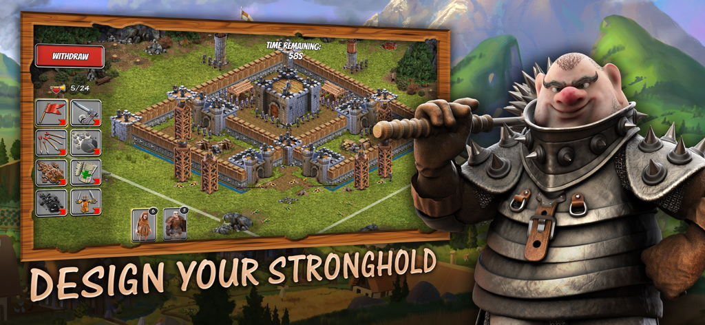Stronghold Castles - A screenshot of Stronghold Castles showing the medieval castle design interface and the character known as The Pig.