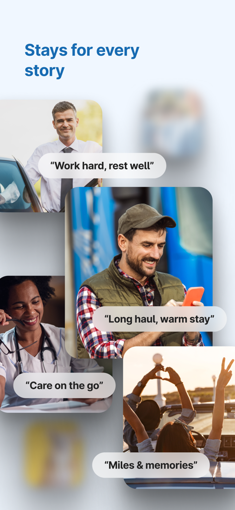 Promotional graphic for My6 app featuring different types of travelers like workers and road trippers with the headline Stays for every story.