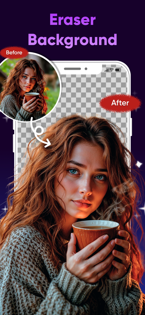 AI Photo Enhancer : Photo App - Aplicación Mejorador de Fotos con IA mostrando una comparación antes y después de la función de borrado de fondo en un retrato.