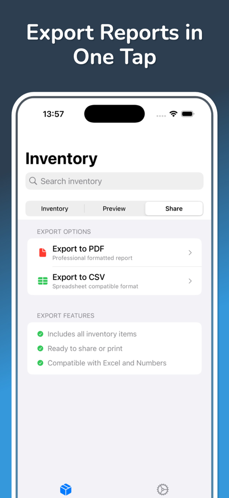 Inventory: Product Tracker App - Inventory app export reports screen with PDF and CSV options