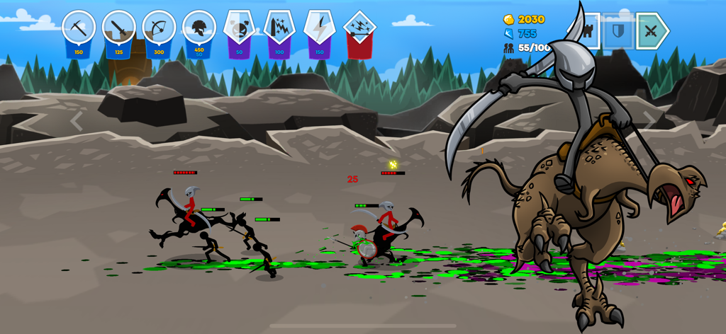 A mounted stick figure warrior leading an army in a real-time strategy battle scene