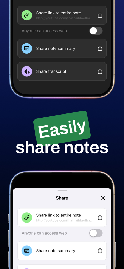 AI Note Taker: Meeting Minutes - Interface of the AI Note Taker app displaying options to share meeting note links summaries and transcripts in both light and dark modes