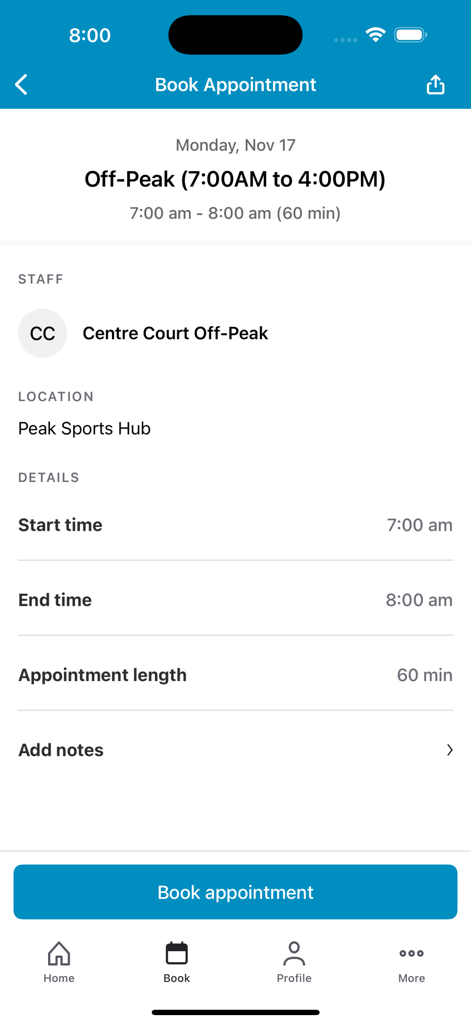 Peak Club - Peak Club app screen for booking a sports facility appointment with time and location details