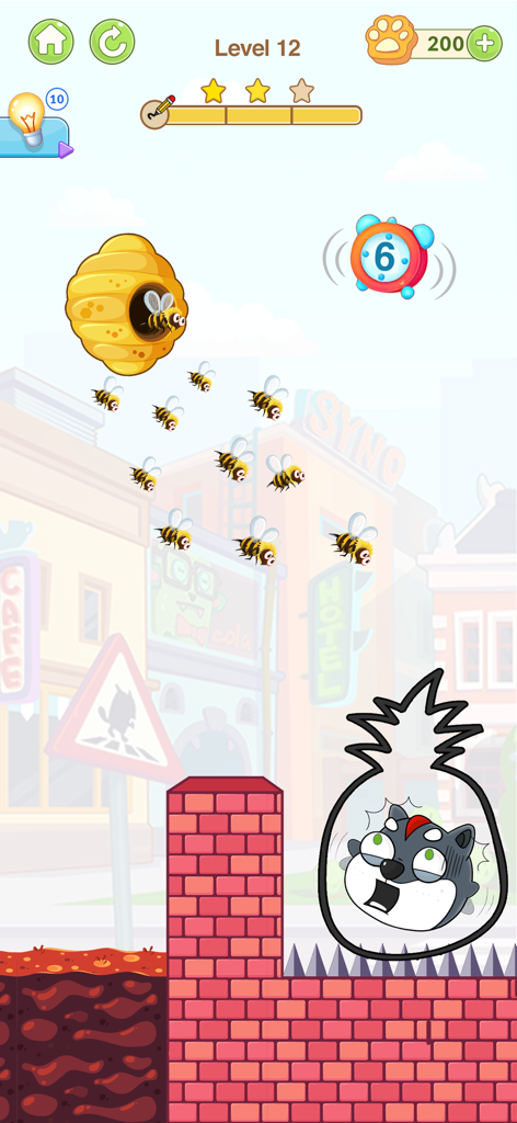 A logic puzzle level in Help the Dog where a puppy is protected from a swarm of bees by a hand-drawn shield.