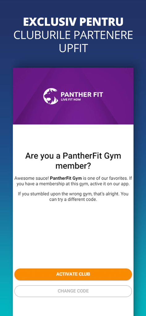 UPfit.today - Schermata di attivazione dell'app UPfit.today per club di fitness partner esclusivi.