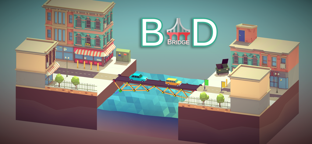 Bad Bridge - Dos coches cruzando un puente de madera en un nivel de ciudad 3D low-poly del juego Bad Bridge.