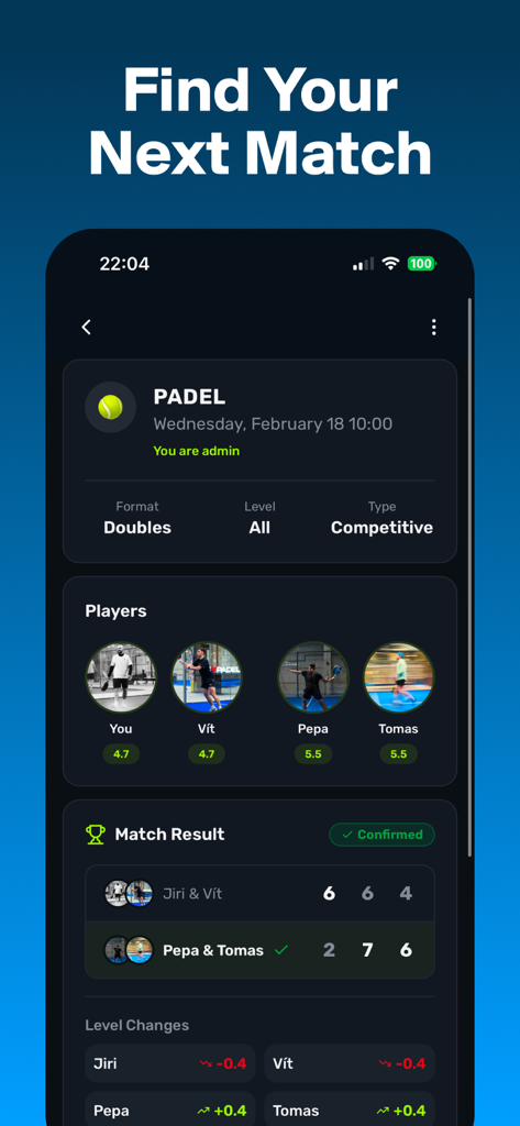 Ace: Padel Community & Rating - Ace Padel app interface showing match details player ratings and game scores