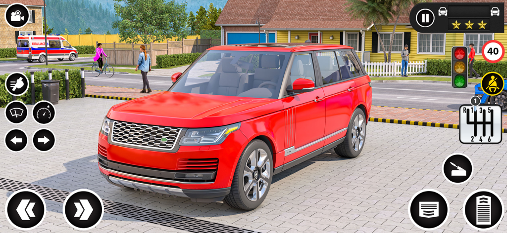 SUV de lujo rojo aparcado en una calle suburbana en el juego móvil de Autoescuela Real