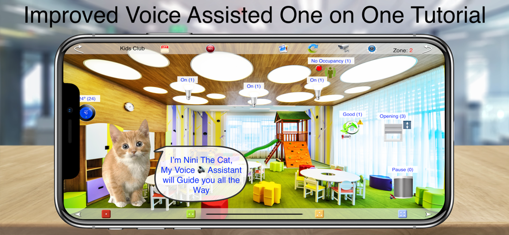 HOS Smart Home BACnet BMS - Interfaz de la aplicación HOS Smart Home mostrando un tutorial asistido por voz con un personaje de gato en una sala de club infantil virtual