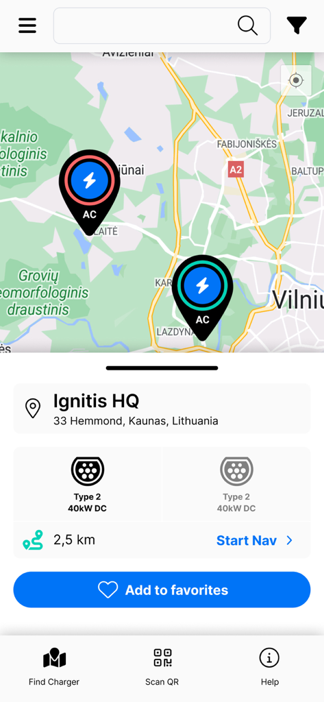 Ignitis ON - Ignitis ON app interface showing an electric vehicle charging station map with location details and connector types.