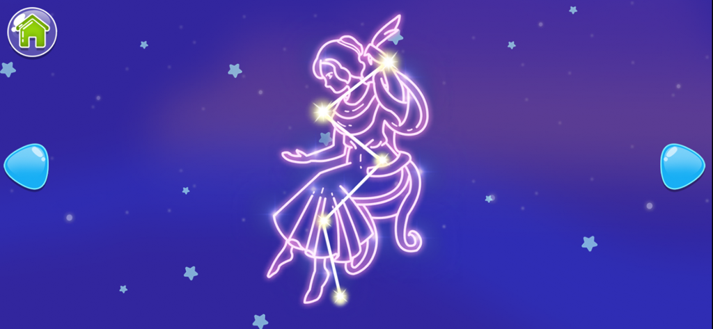 Kids Explore Planets & Space - Interactive glowing constellation of a woman in a space education app for kids