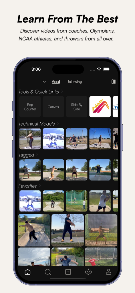 Throws Club - Throws Club app interface showing video feed technical models and sports training tools