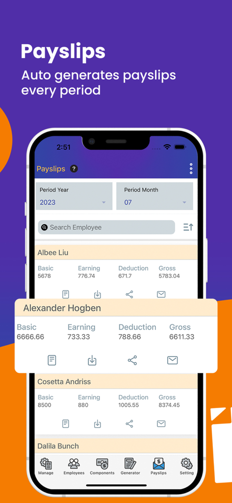 Auto Payslip Generator - Auto Payslip Generator mobile app showing a list of employee salaries and payroll details